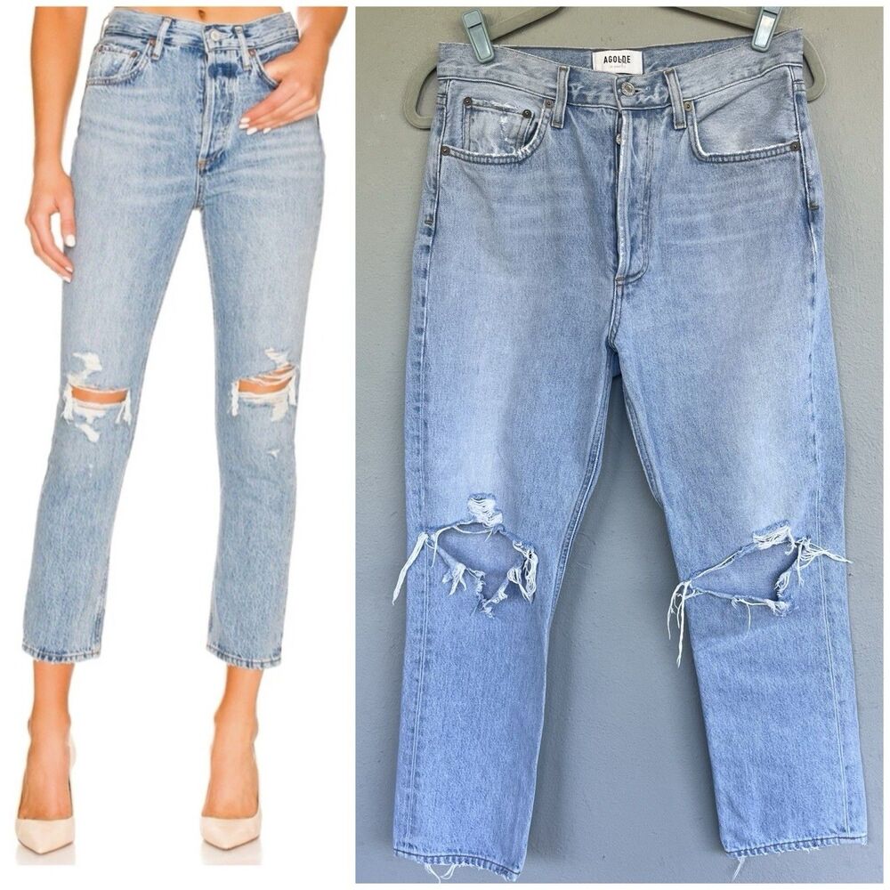 Agolde Riley High Rise Straight Jeans Womens 28 Organic Cotton Distressed Light